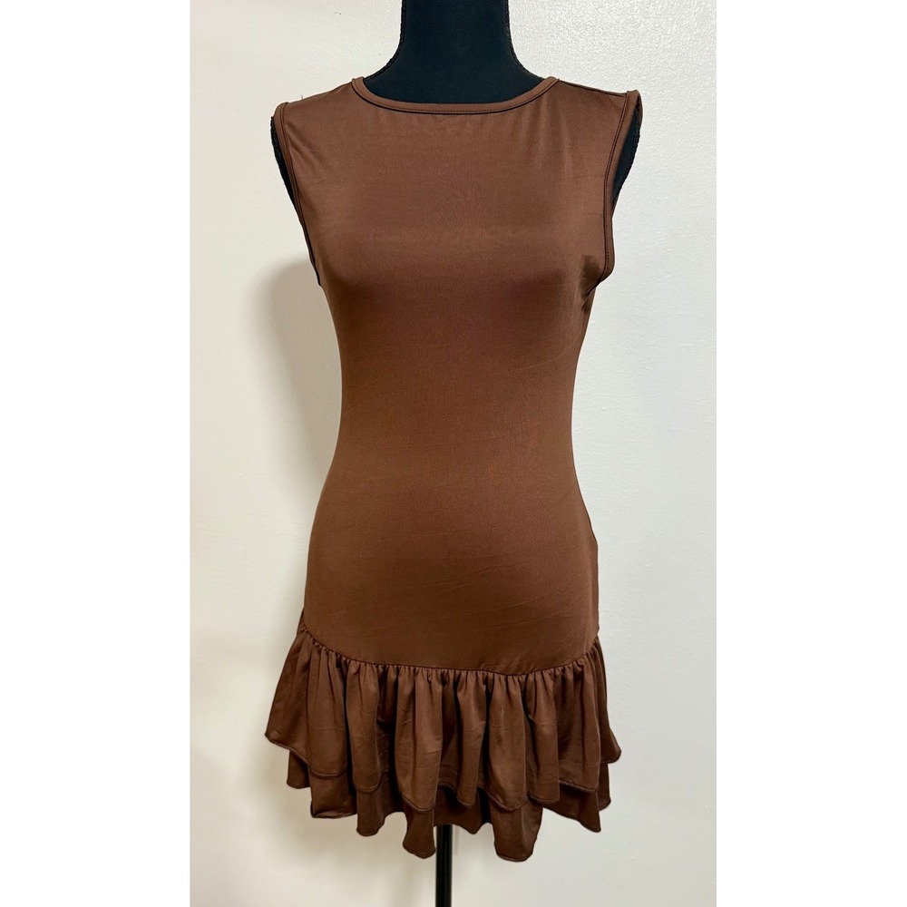 MICAS Ruffle Hem Mini Dress Womens Size M Brown NEW Sleeveless Bodycon Tiered